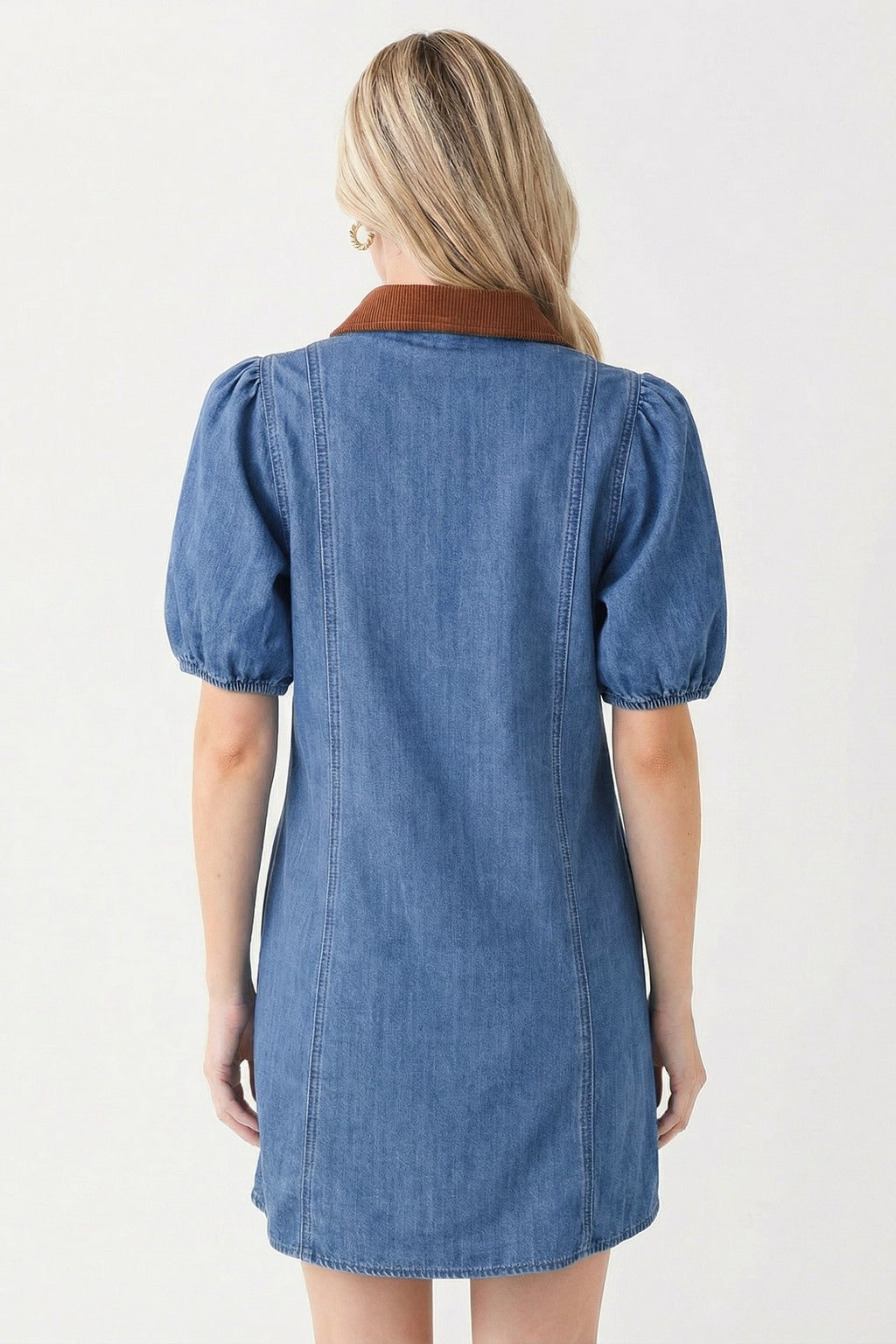 Blue Denim Short Puff Sleeve Color Block Shirt Collar Patchwork Mini Dress