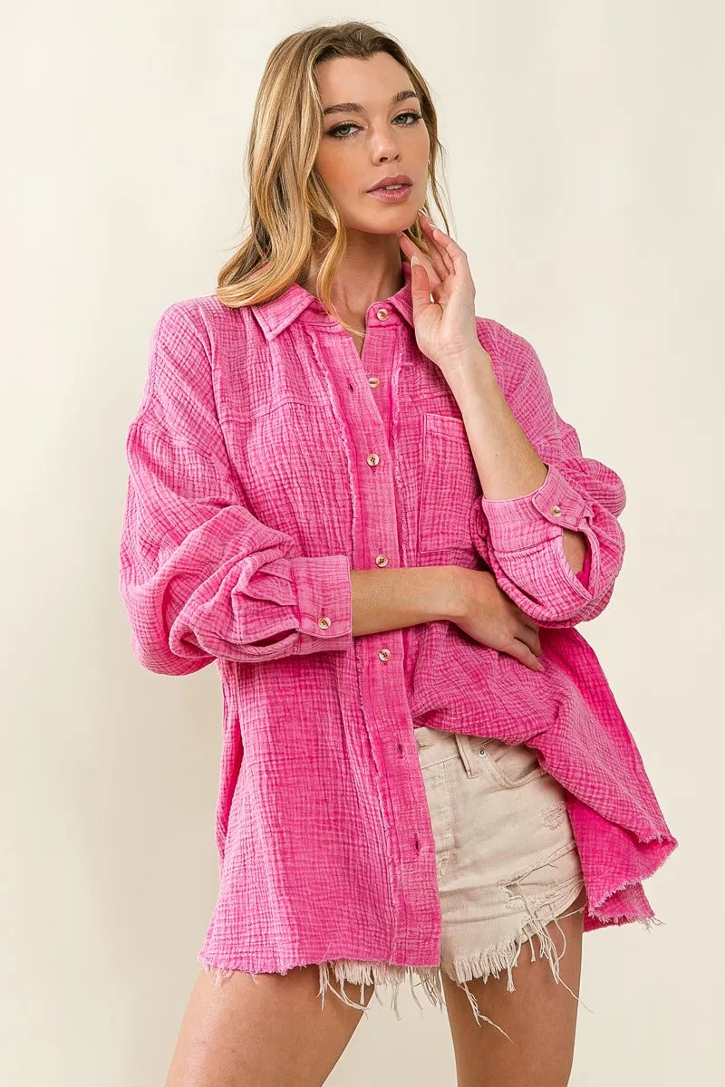 Raw Edge Detailed Mineral Washed Loose Fit Shirt