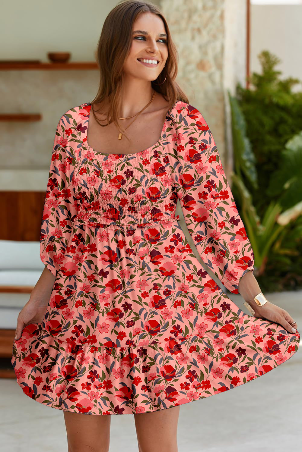 Red Floral 3/4 Sleeve Square Neck Smocked Mini Dress