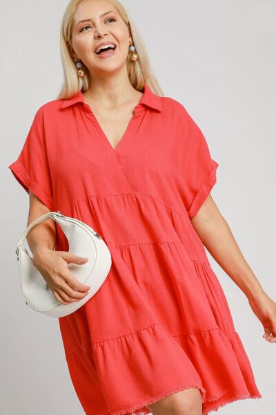 Full Size Raw Hem Folded Sleeve Tiered Dress Plus Size