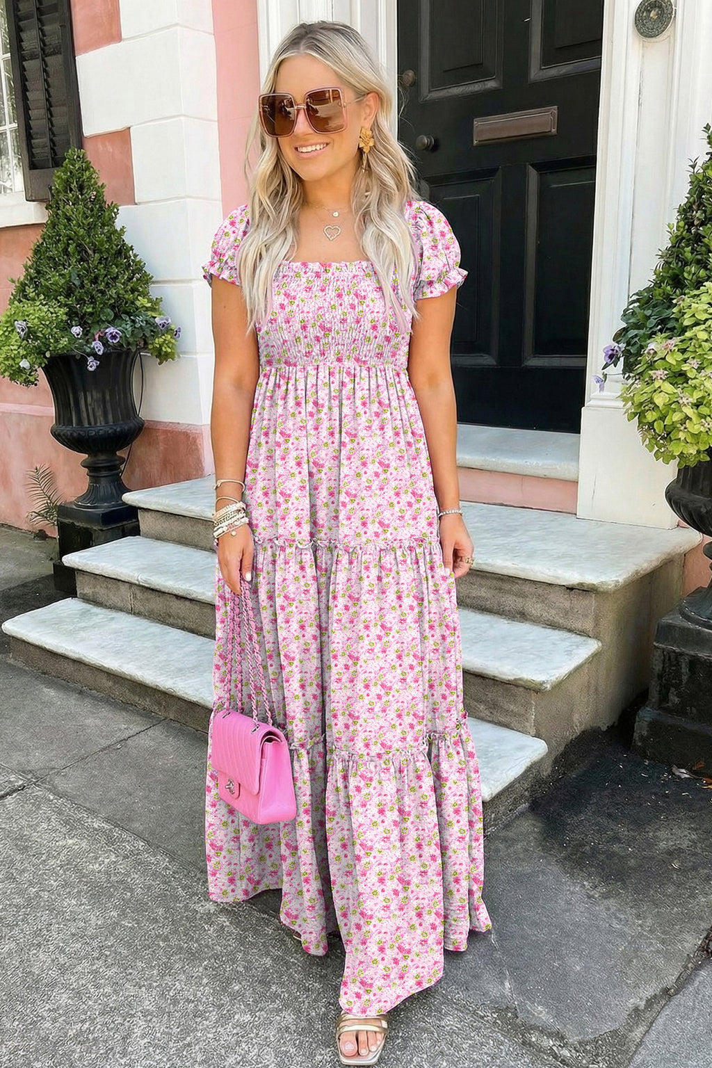 Green Floral Short Bubble Sleeve Shirred High Waist Maxi Dress
