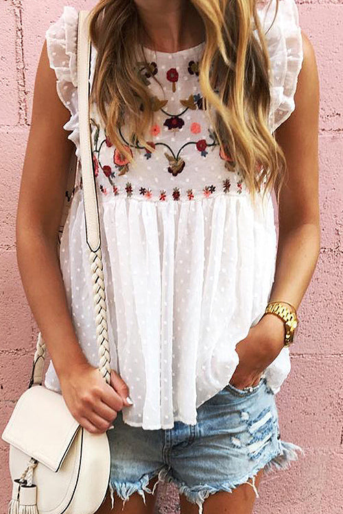 Floral Embroidered Swiss Dot Top