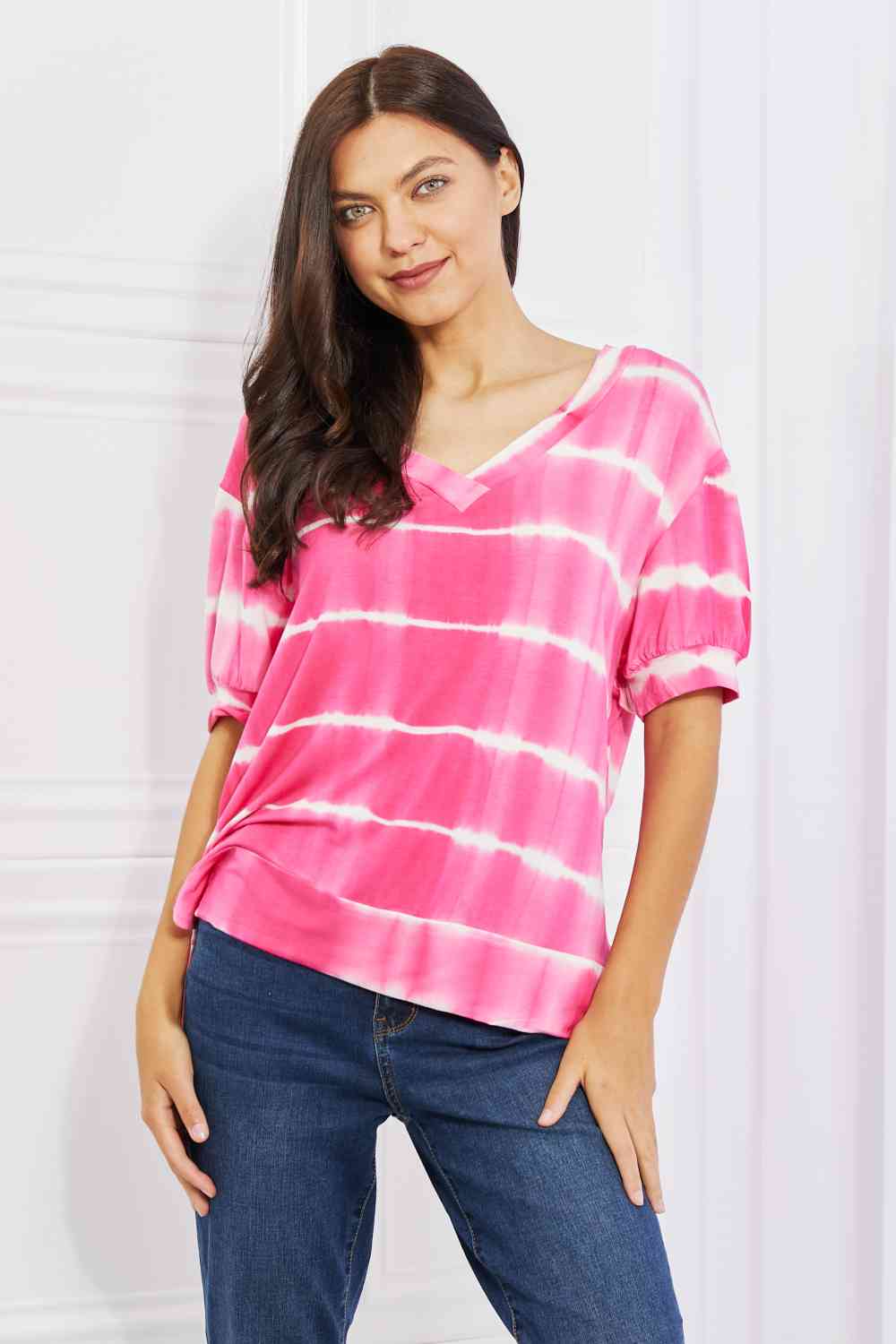 Full Size Oversized Fit V-Neck Striped Top