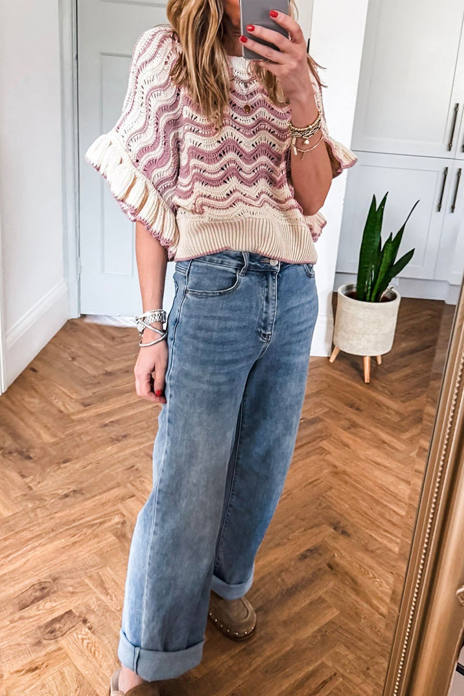 Black Stripe Wavy Crochet Eyelet Detail Ruffle Half Sleeve Sweater