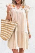 Jet Stream Linen Embroidery Split Neck Pom Pom Ruffle Sleeve Short Dress