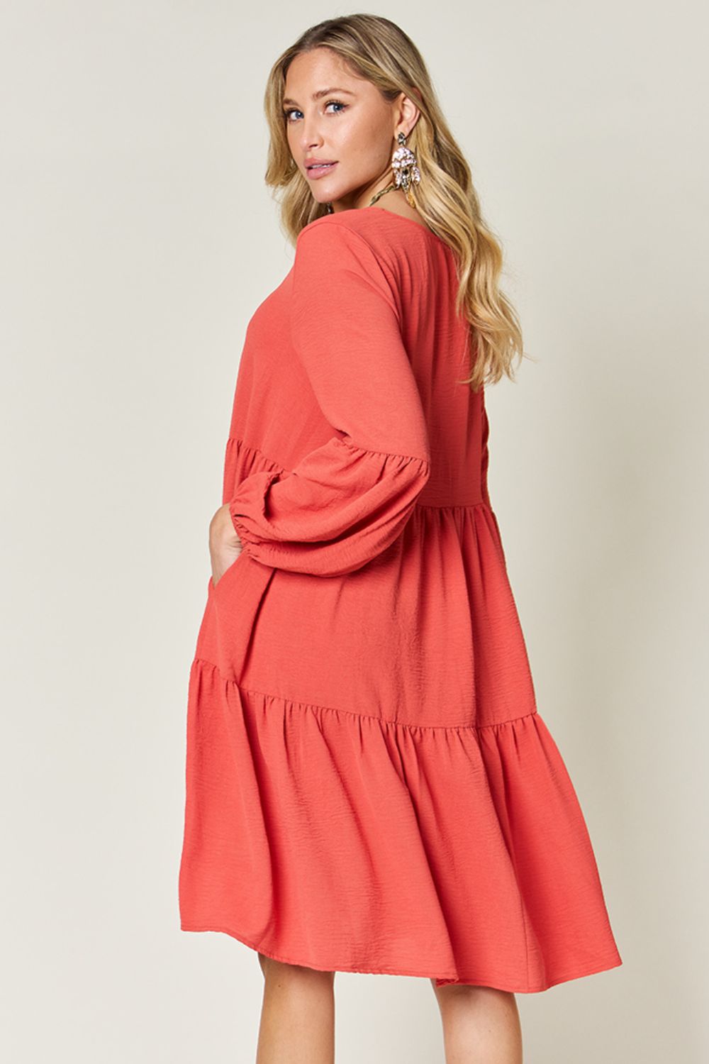 Full Size V-Neck Balloon Sleeve Tiered Dress