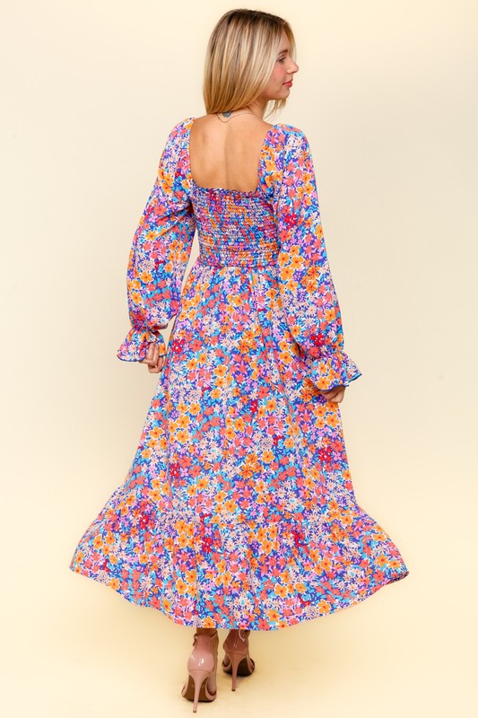 Smocked Floral Square Neck Flounce Sleeve Dress