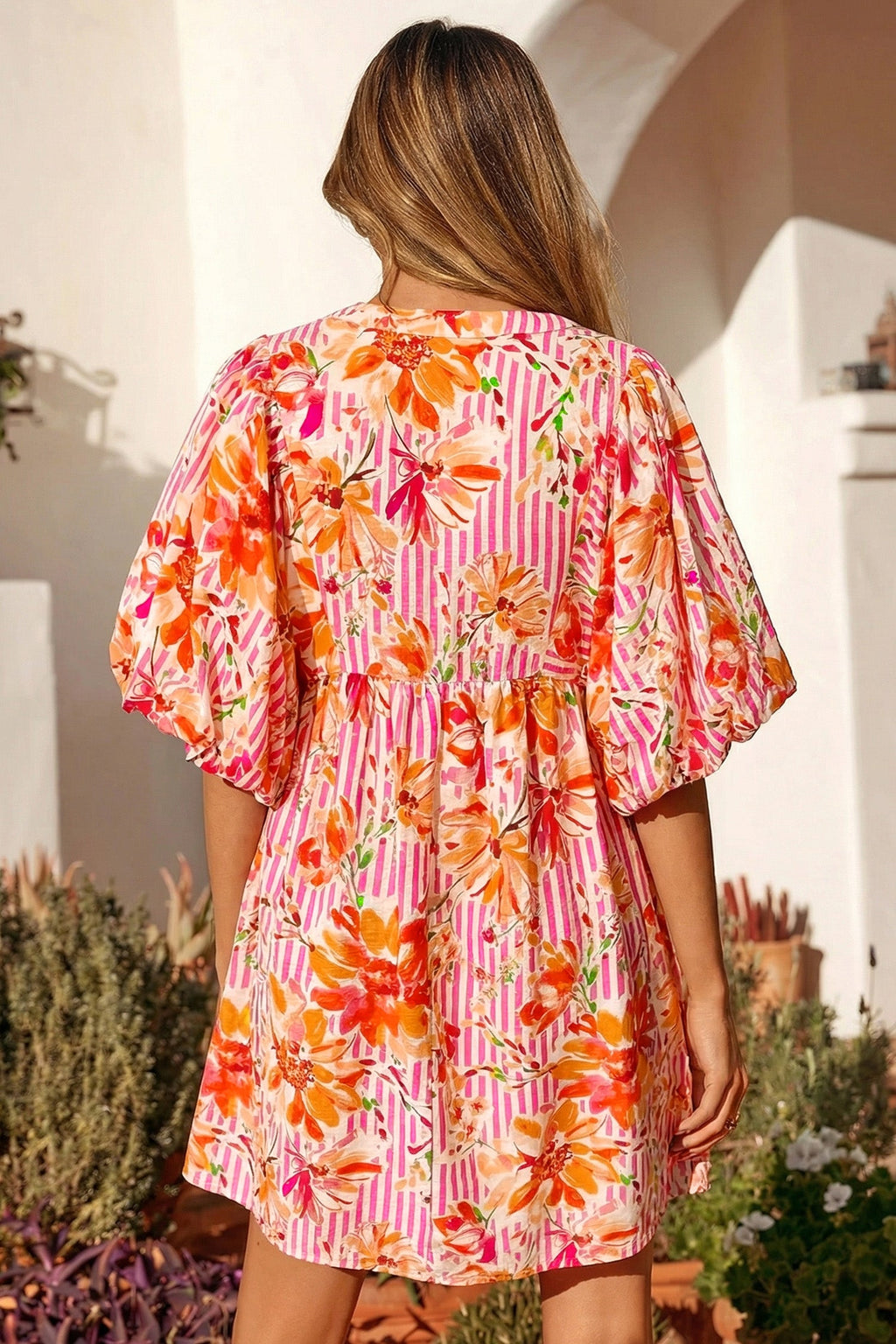 Pink Striped Floral Print Tie Neck Puff Sleeve Loose Mini Dress