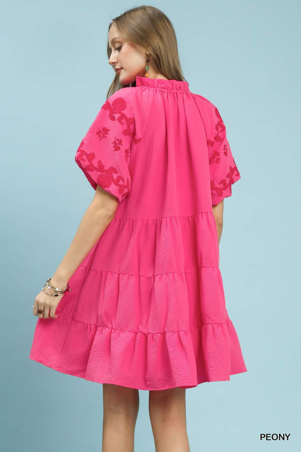 Embroidered Tiered Puff Sleeve Mini Dress