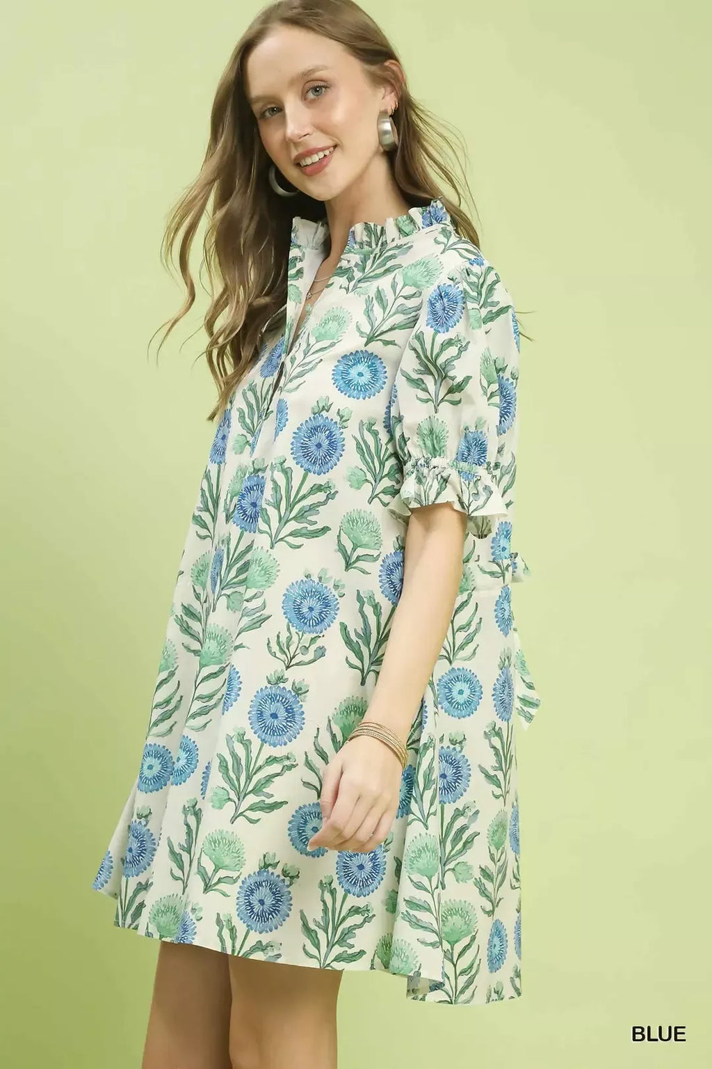 Floral Puff Sleeve Babydoll Dress with Side Pockets