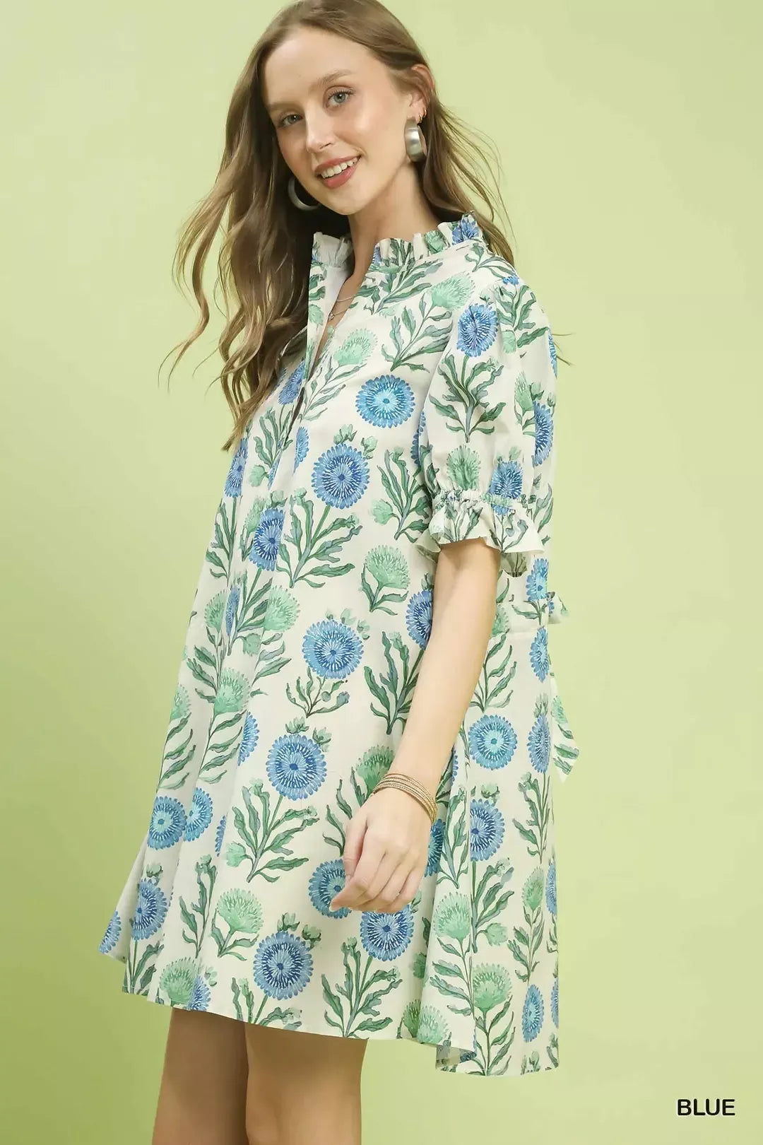 Floral Puff Sleeve Babydoll Dress with Side Pockets