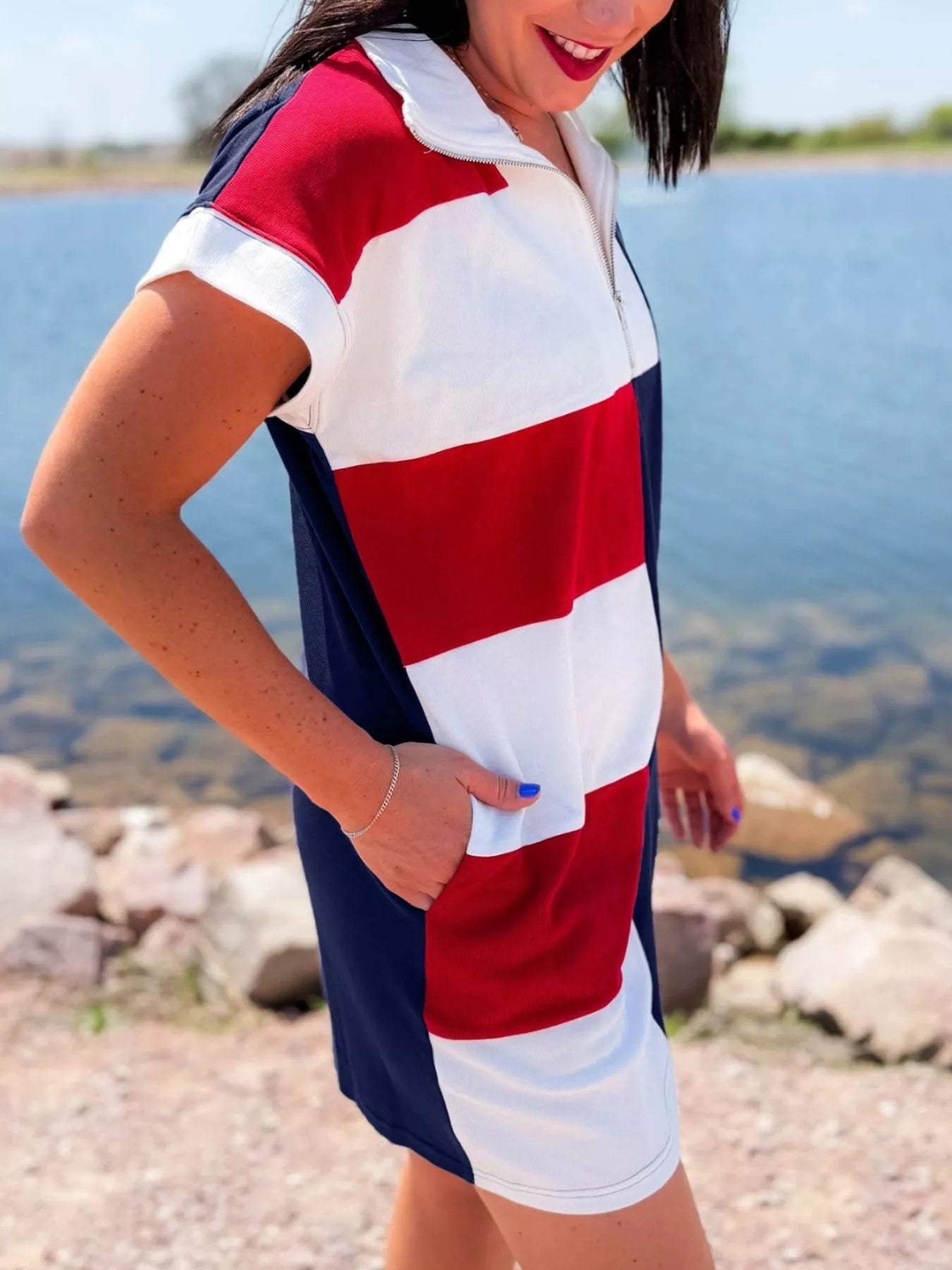 Colorblock Stripes Zip up Collared T Shirt Mini Dress