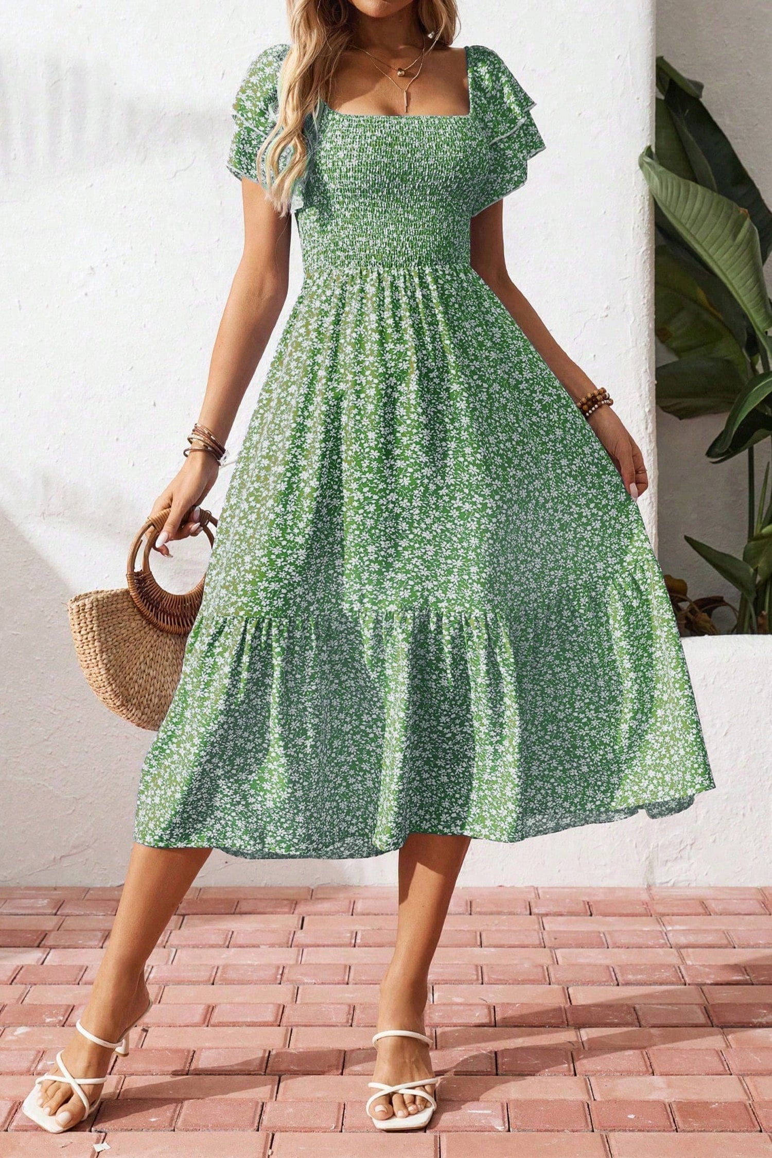 Ditsy Floral Smocked Square Neck Dress