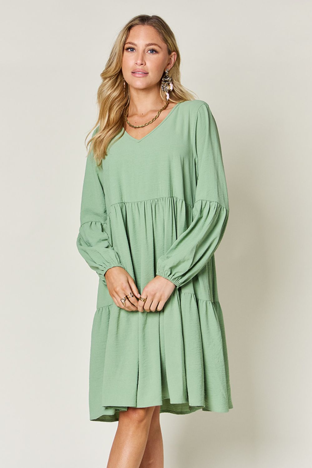 Full Size V-Neck Balloon Sleeve Tiered Dress