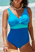 V Neck Twisted Cutout Color Block One Piece Swimsuit