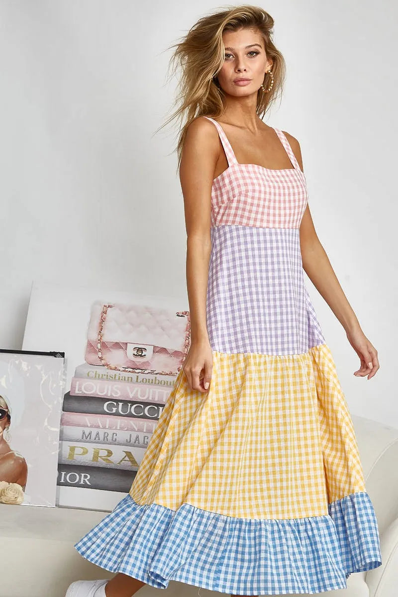 Color Block Tiered Gingham Dress