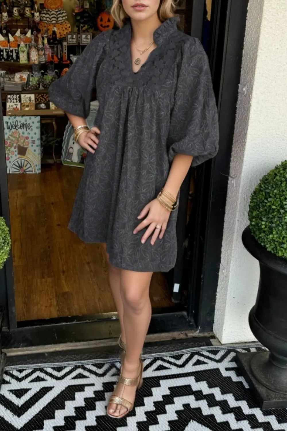Lace Detail Notched Half Sleeve Mini Dress