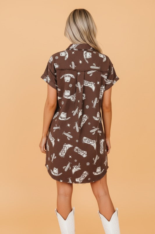 Western Cowgirl Cactus Raw Edge Denim Dress