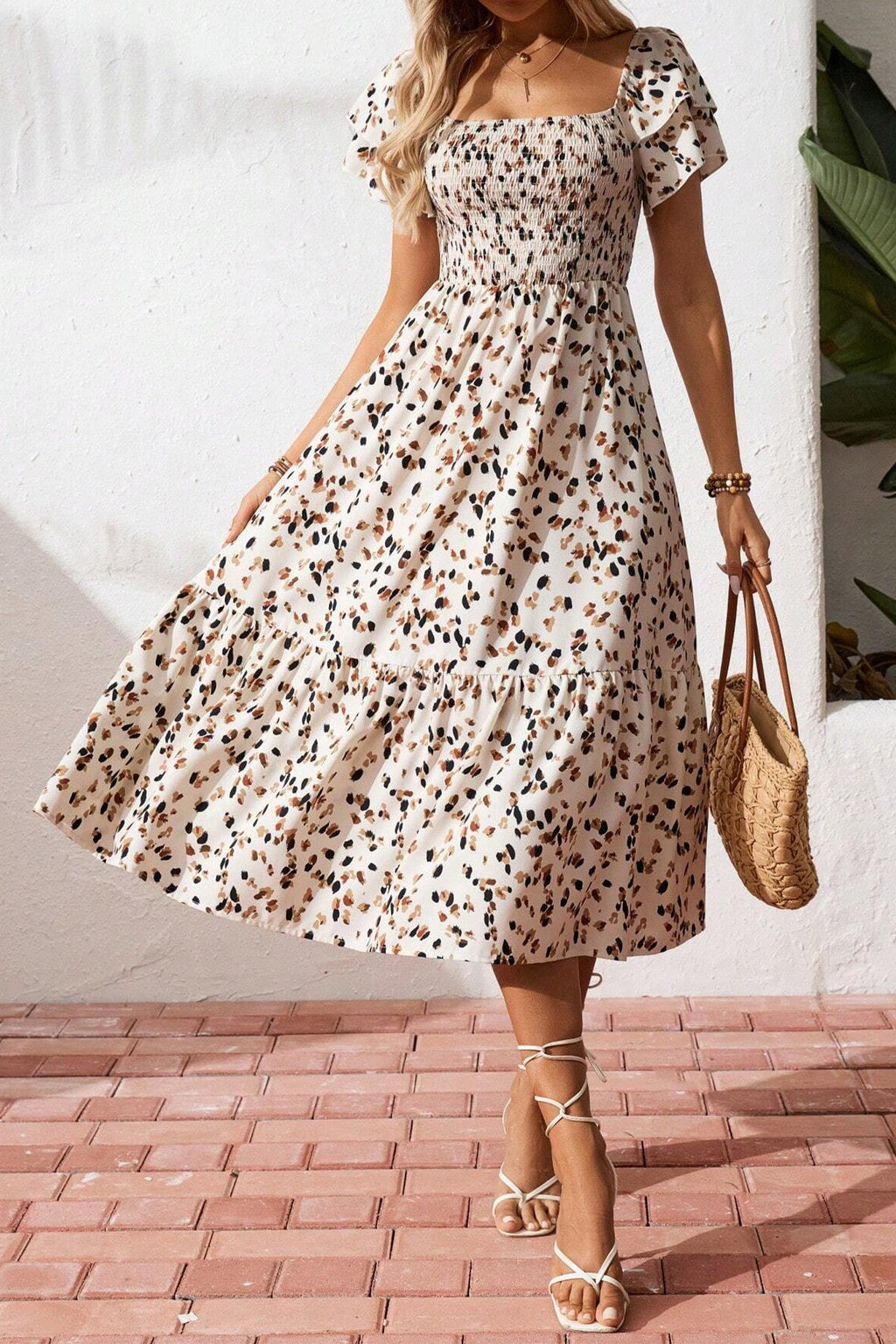 Ditsy Floral Smocked Square Neck Dress