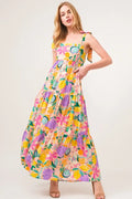 Shoulder Strap Tropical Fruit Printed Tiered Maxi Dress