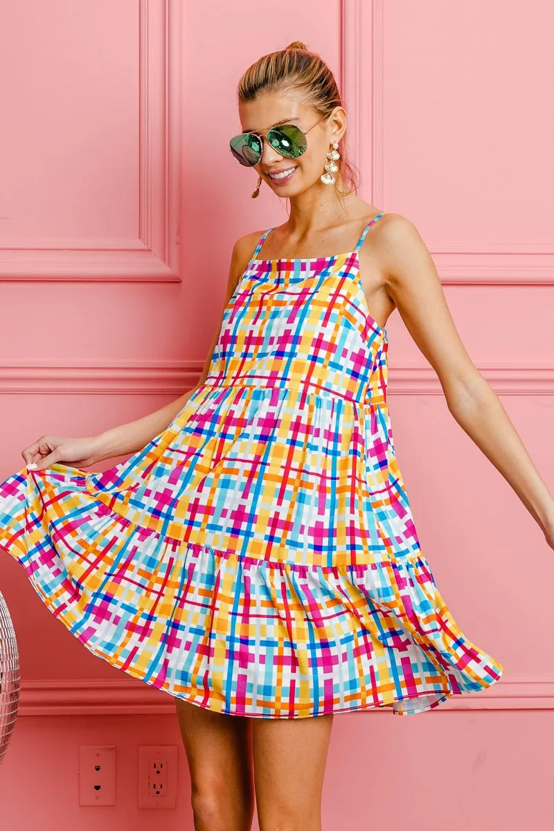 Multi Colors Plaid Sleeveless Sun Dress