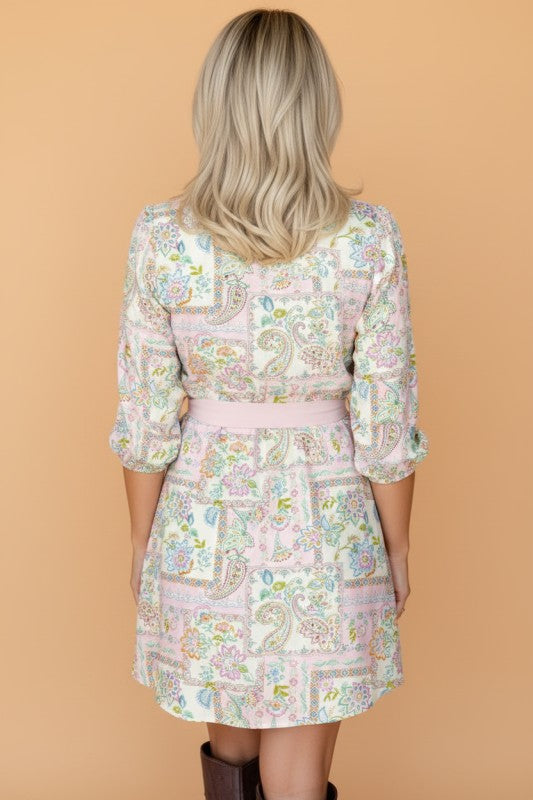 Boho Floral Colorblock 3/4 Sleeve Belted Dress