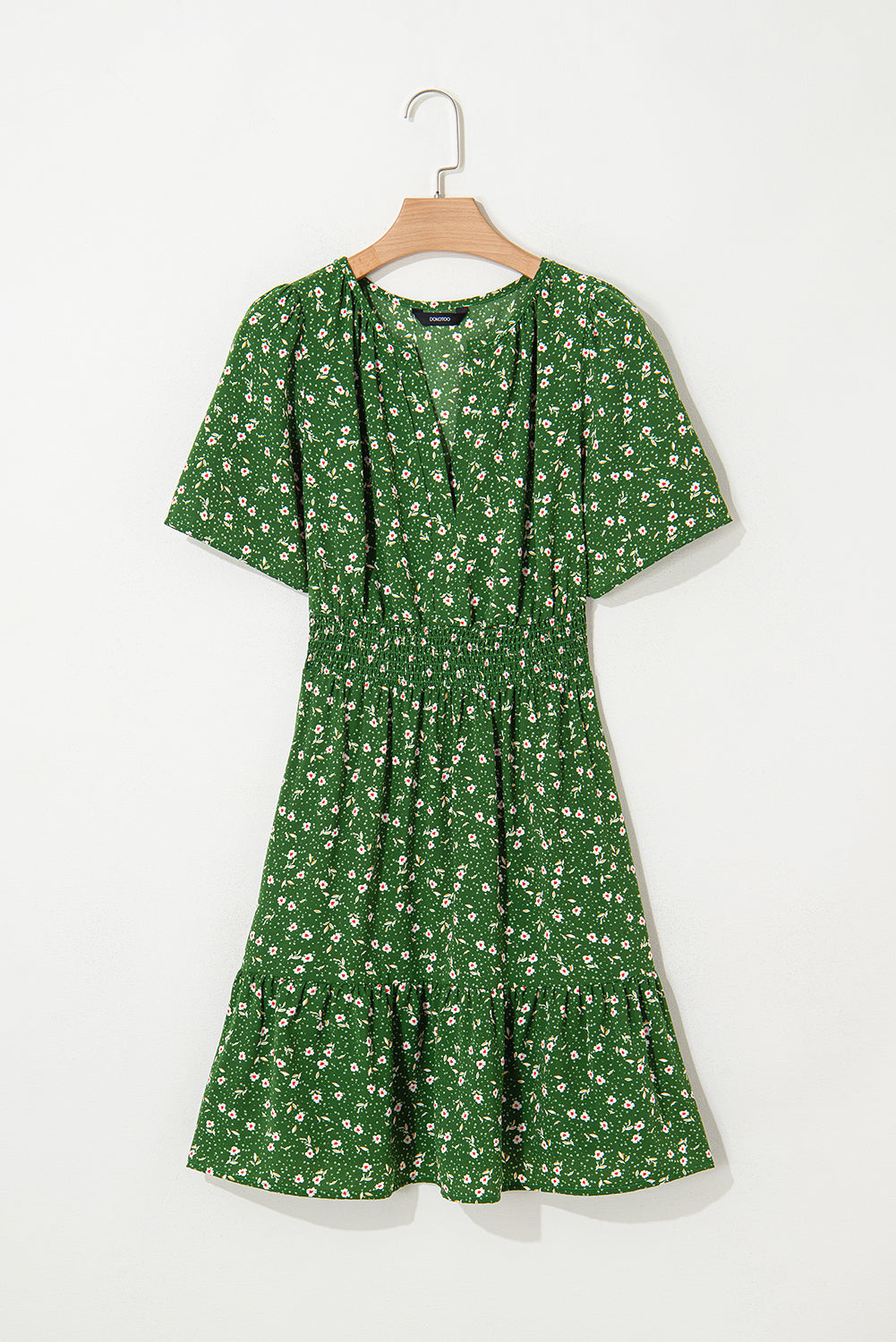 Black Floral Print Wrap V Neck Short Sleeve High Waistband Mini Dress