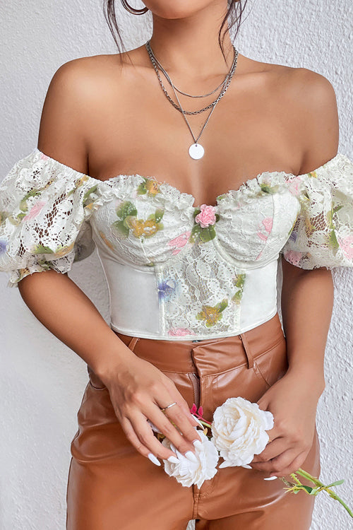 Vintage Flower Lace Puff Sleeve Crop Top