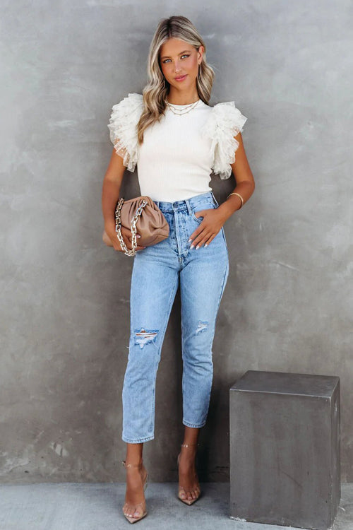 Swiss Dot Tulle Sleeve Knit Top - 3 Colors