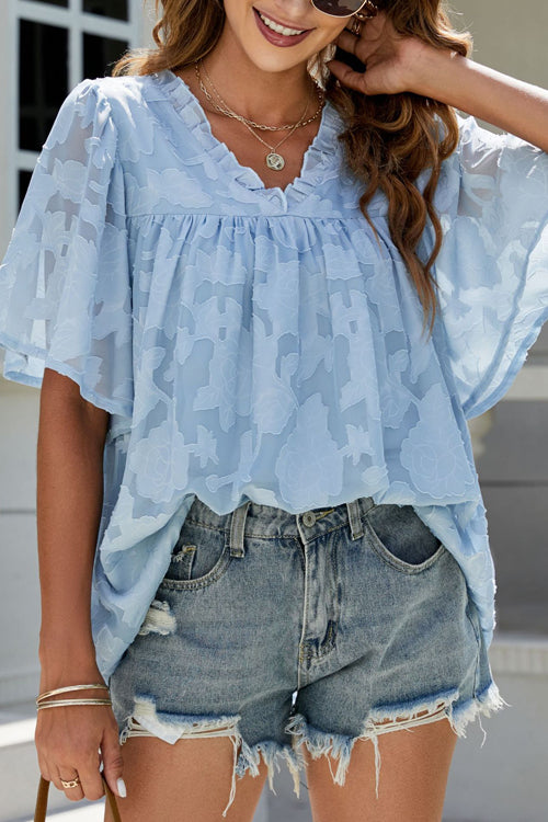 Sheer Floral Jacquard Short Sleeve Top - 7 Colors