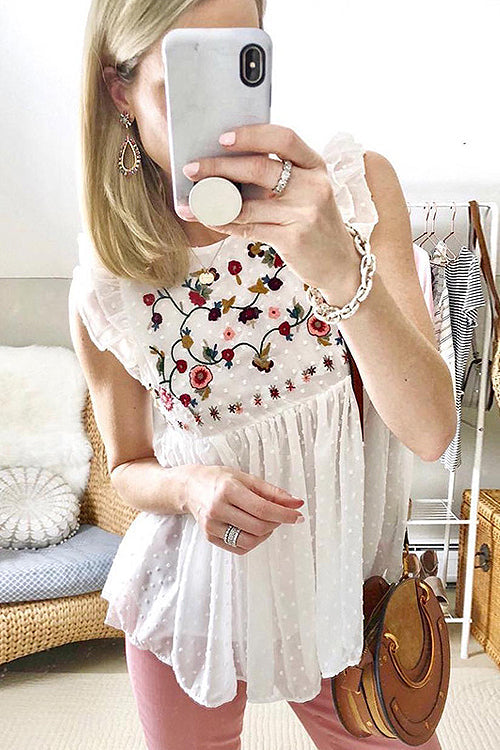 Floral Embroidered Swiss Dot Top