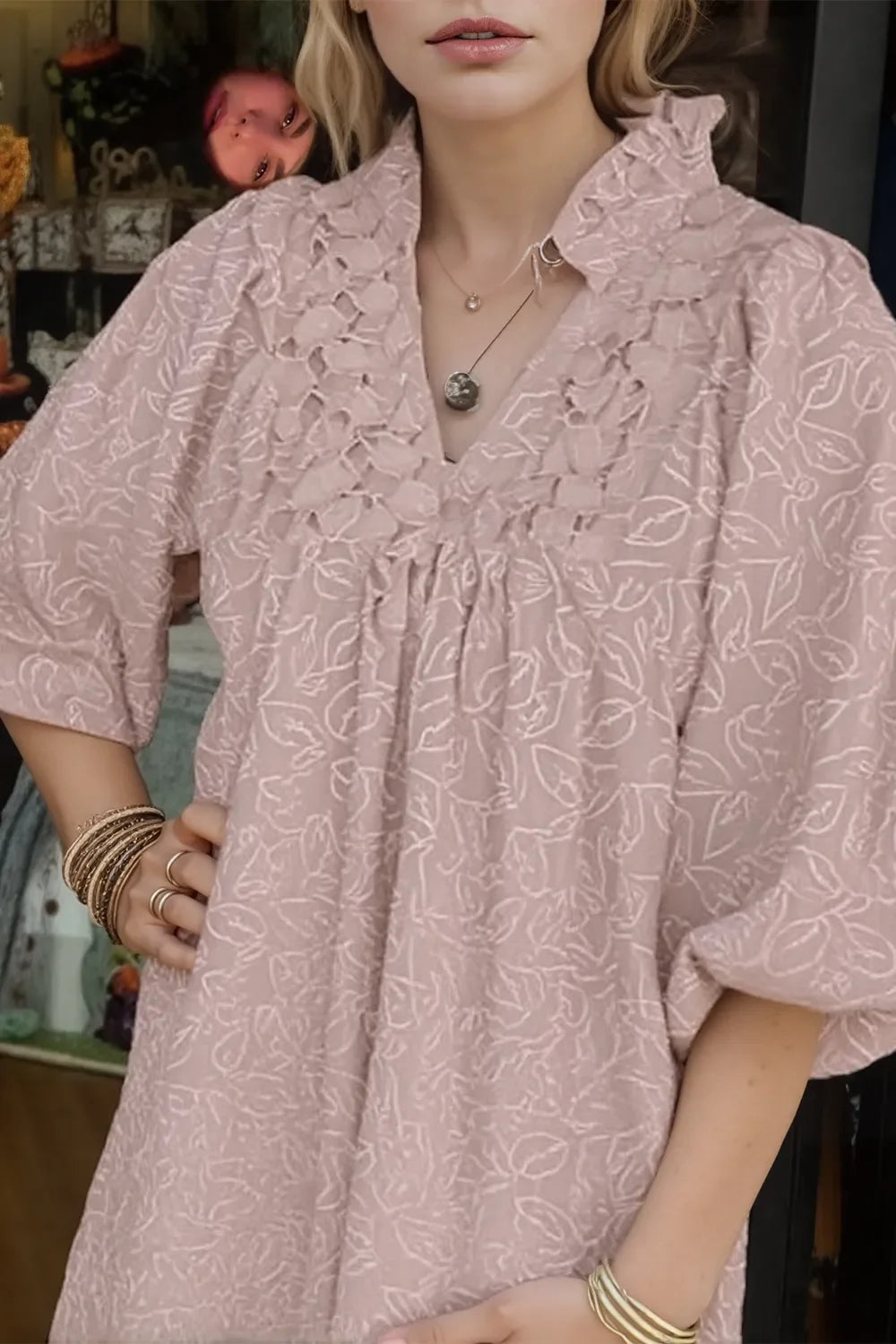 Lace Detail Notched Half Sleeve Mini Dress