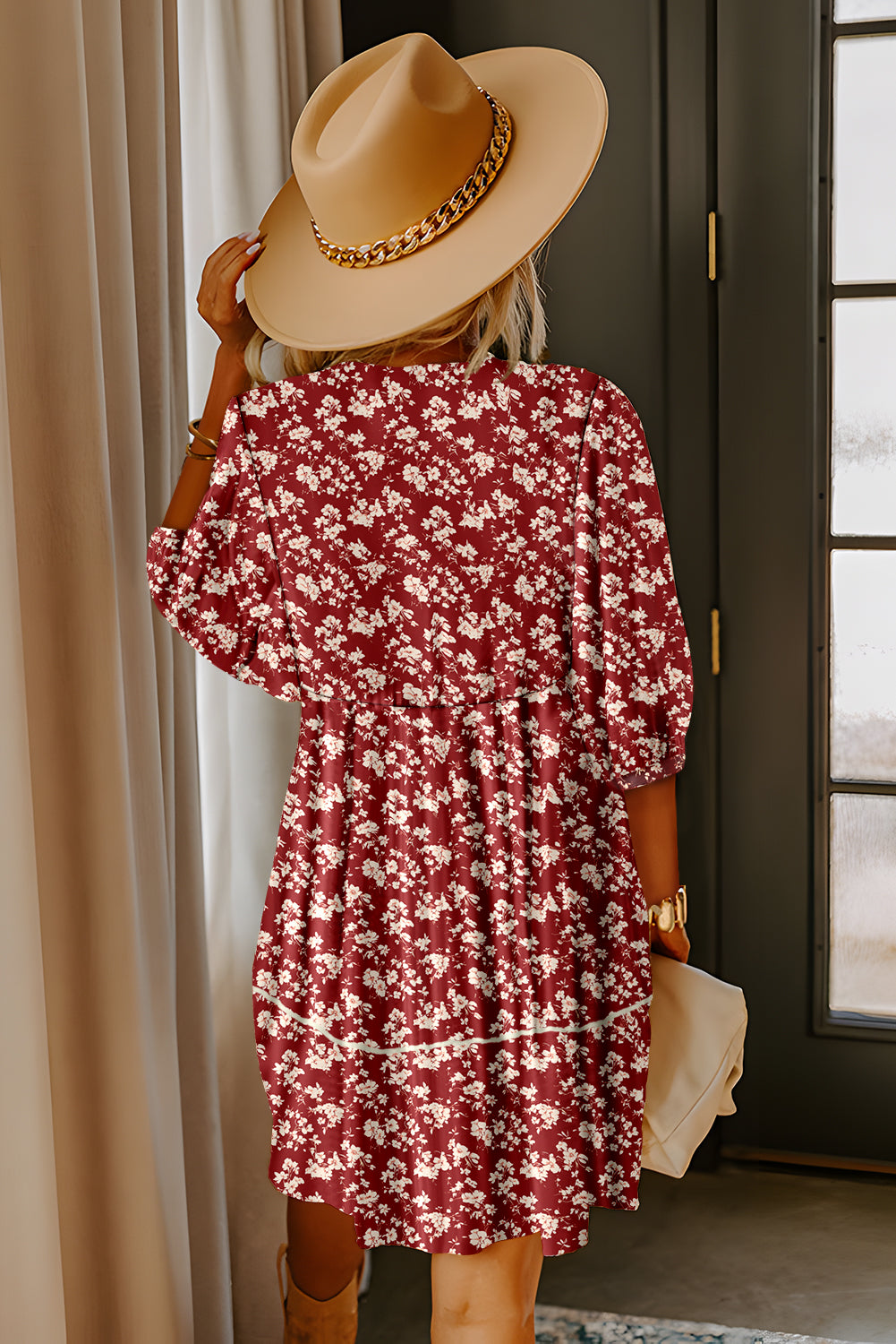 Yellow Floral Print Contrast Trim Button Tie Neck Swing Dress