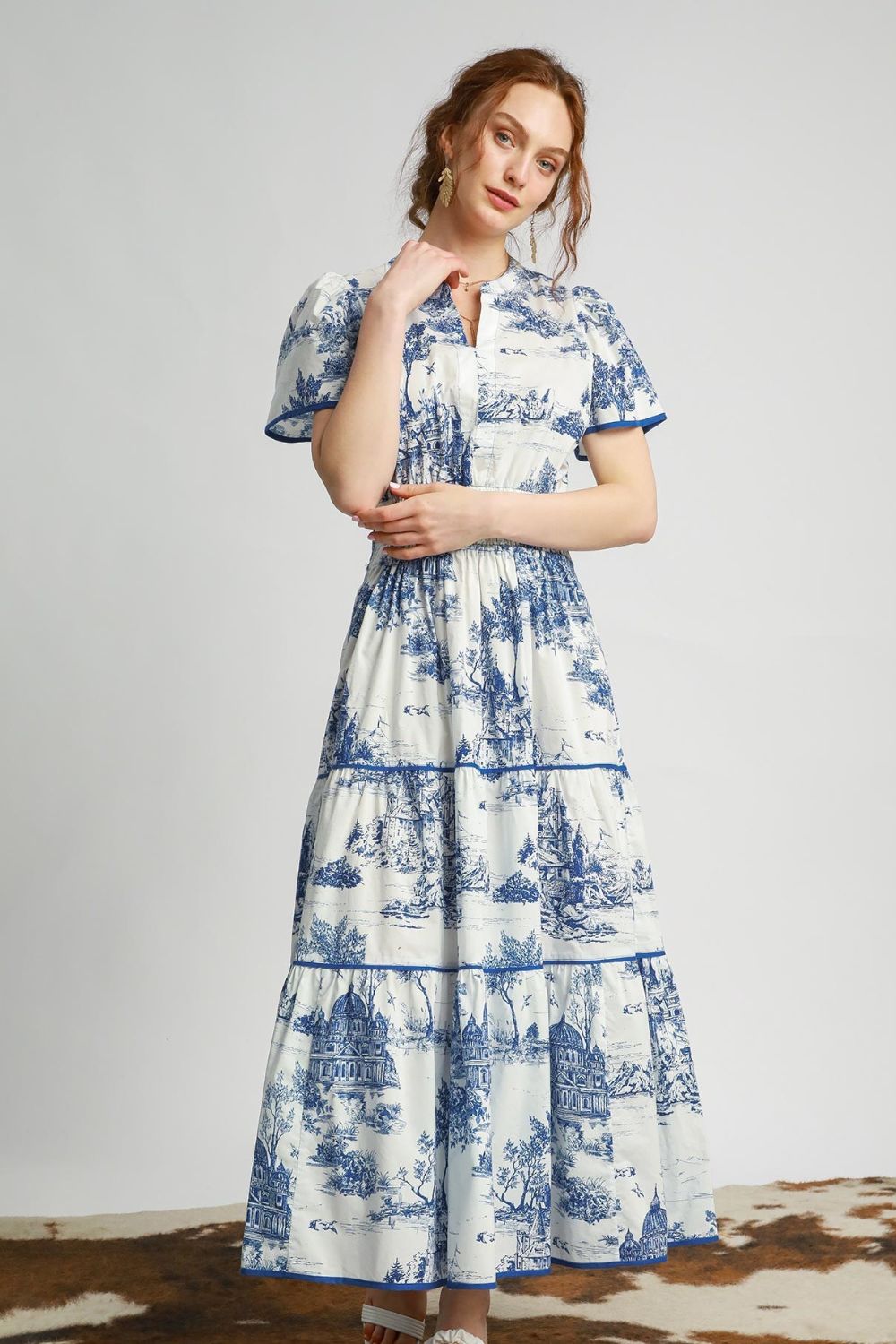 Full Size Landscape Print Short Sleeve Tiered Maxi Dress Plus Size
