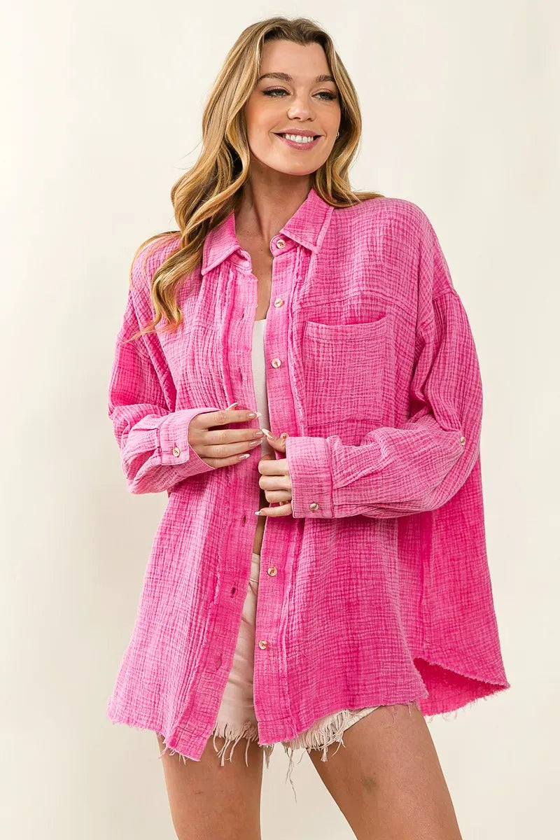 Raw Edge Detailed Mineral Washed Loose Fit Shirt