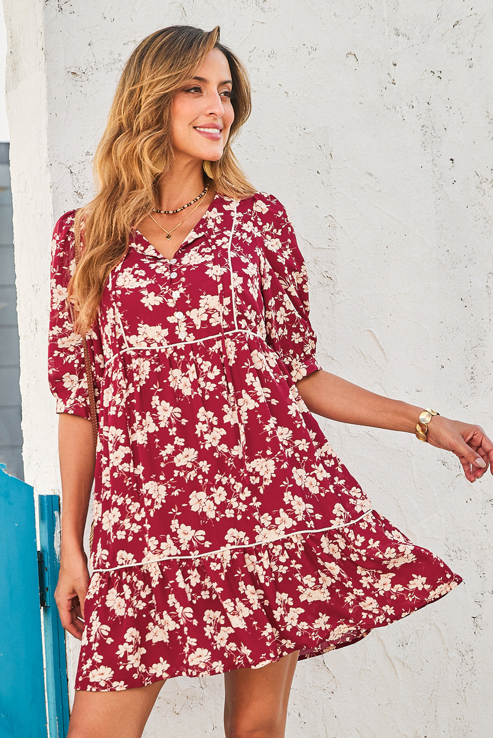 Yellow Floral Print Contrast Trim Button Tie Neck Swing Dress