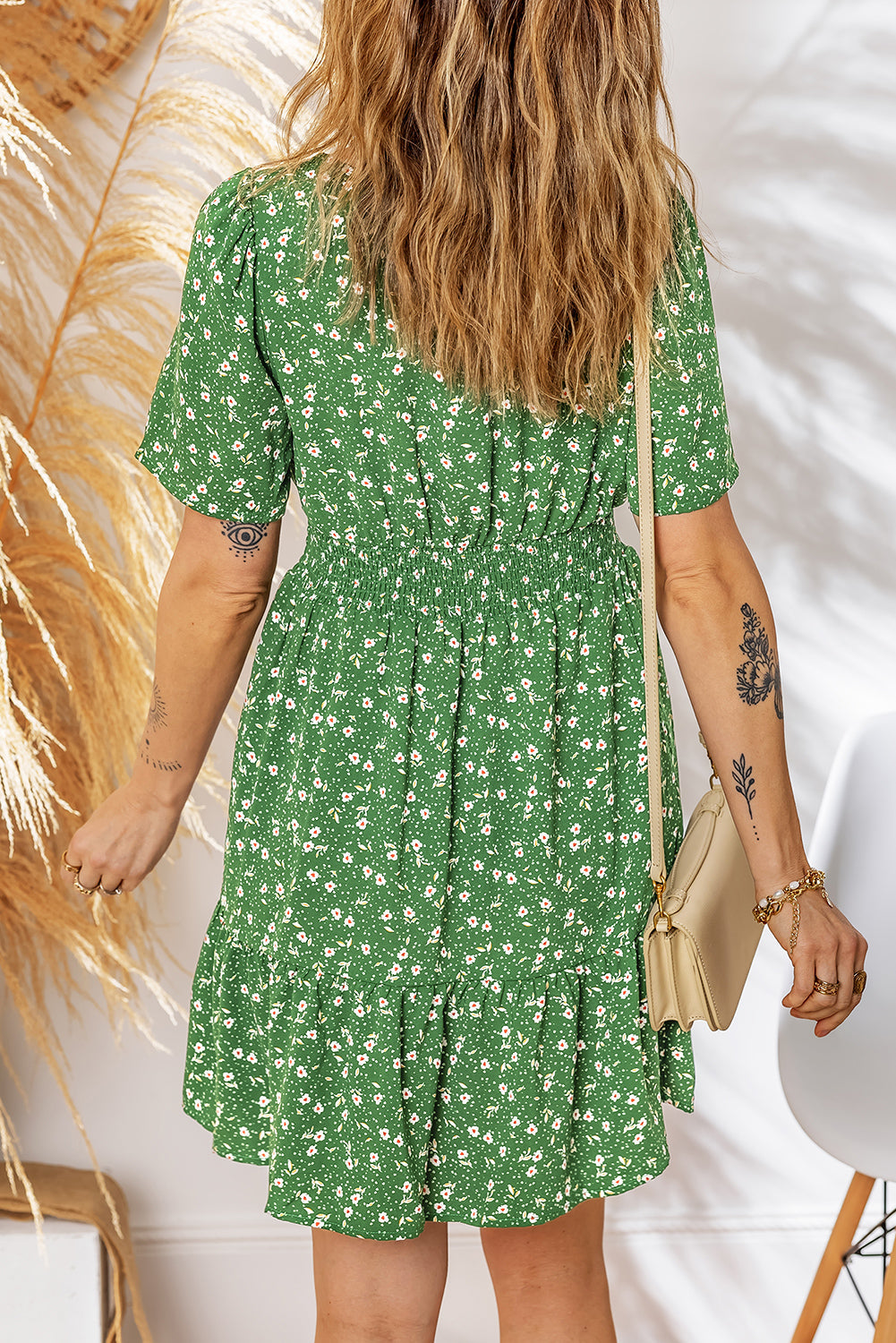 Black Floral Print Wrap V Neck Short Sleeve High Waistband Mini Dress