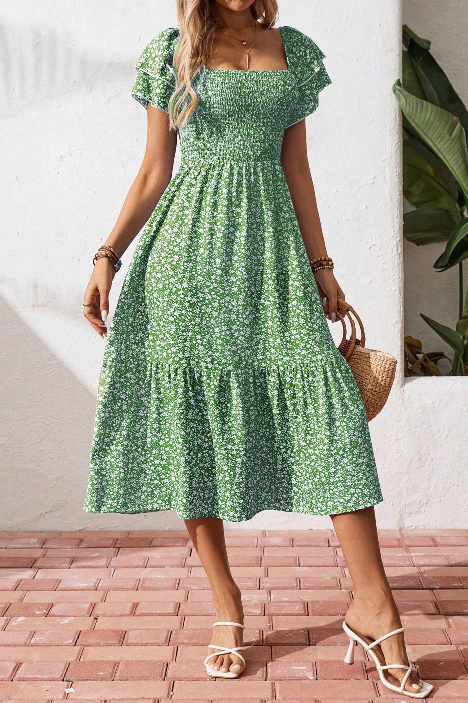 Ditsy Floral Smocked Square Neck Dress