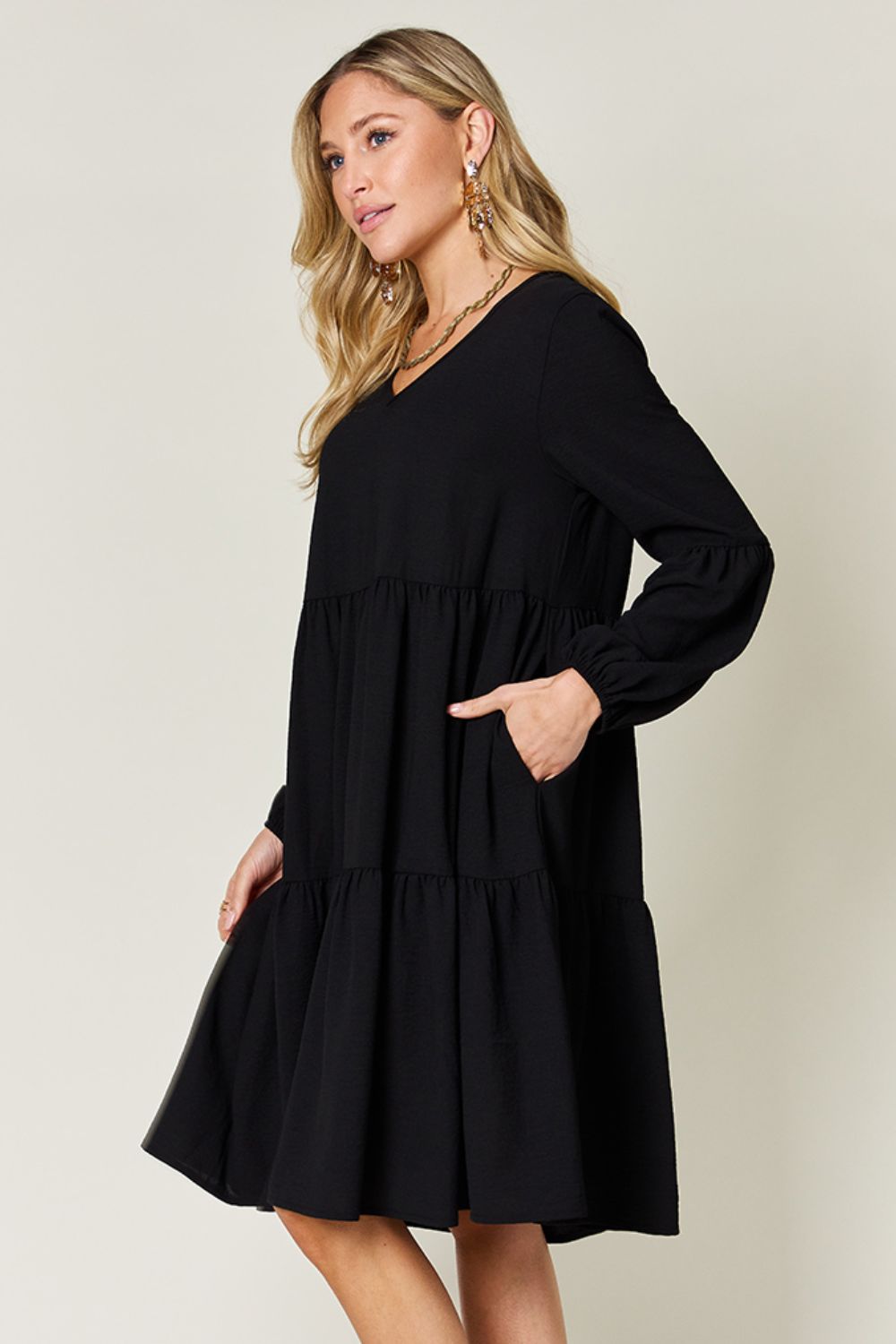 Full Size V-Neck Balloon Sleeve Tiered Dress