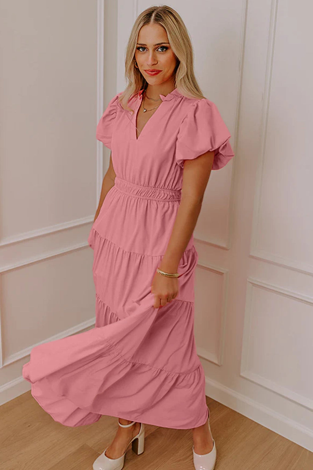 Lavendula Solid Color V Neck Short Puff Sleeve High Waist Tiered Maxi Dress