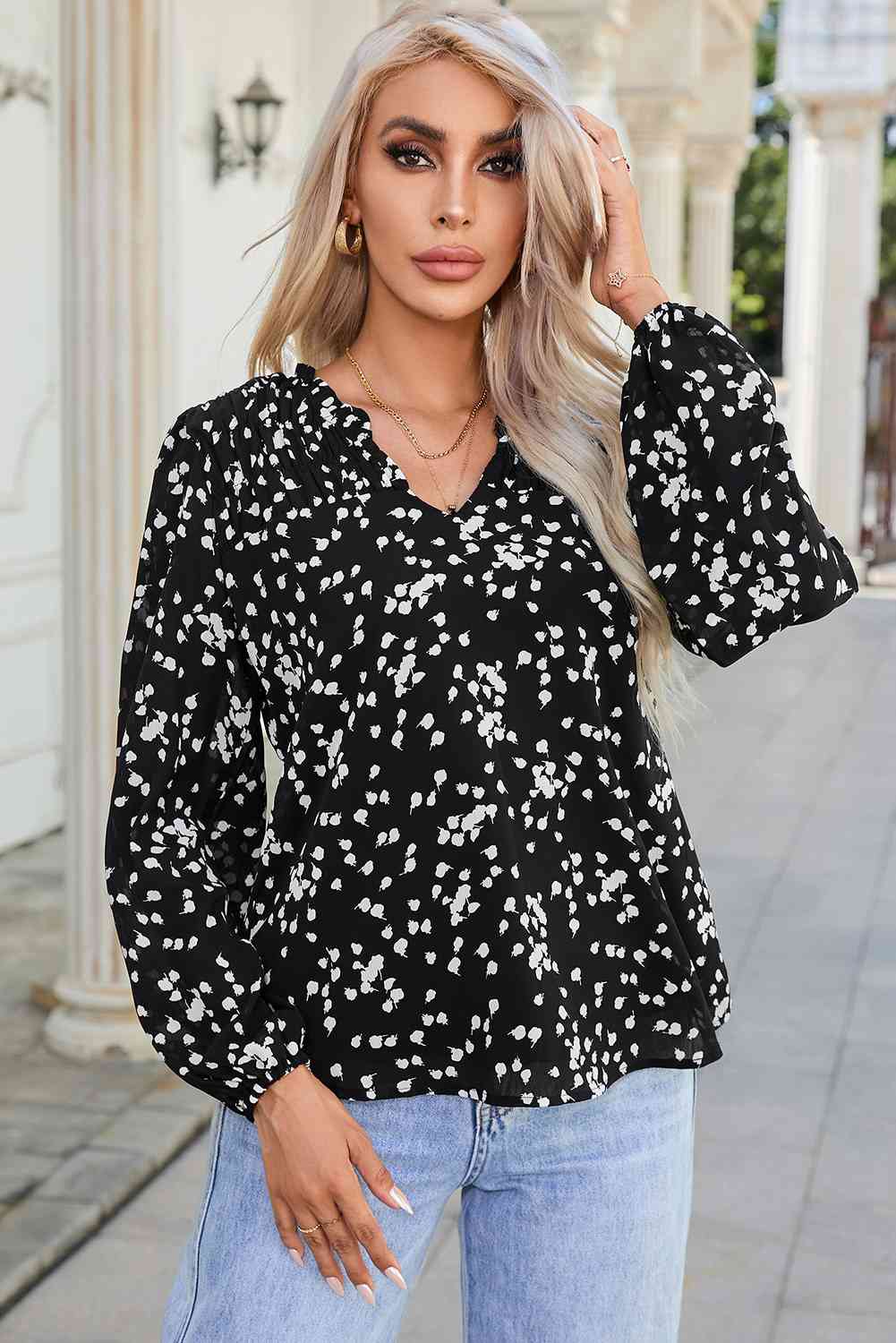 Printed Notched Neck Smocked Blouse