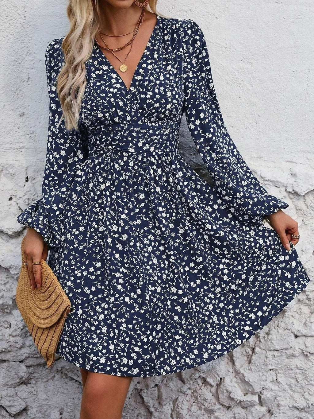 Floral Print V-Neck Long Sleeve Mini Dress