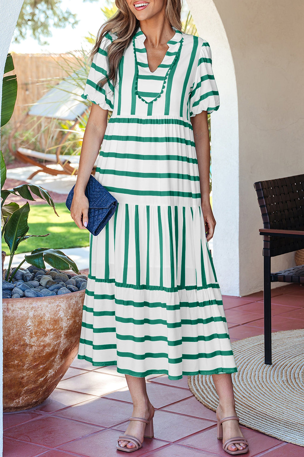 Pink Stripe Ricrac Trim Notched Neck Half Sleeve Vacation Dress