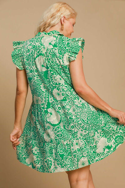 Full Size Printed Ruffle Cap Sleeve Babydoll Dress Plus Size