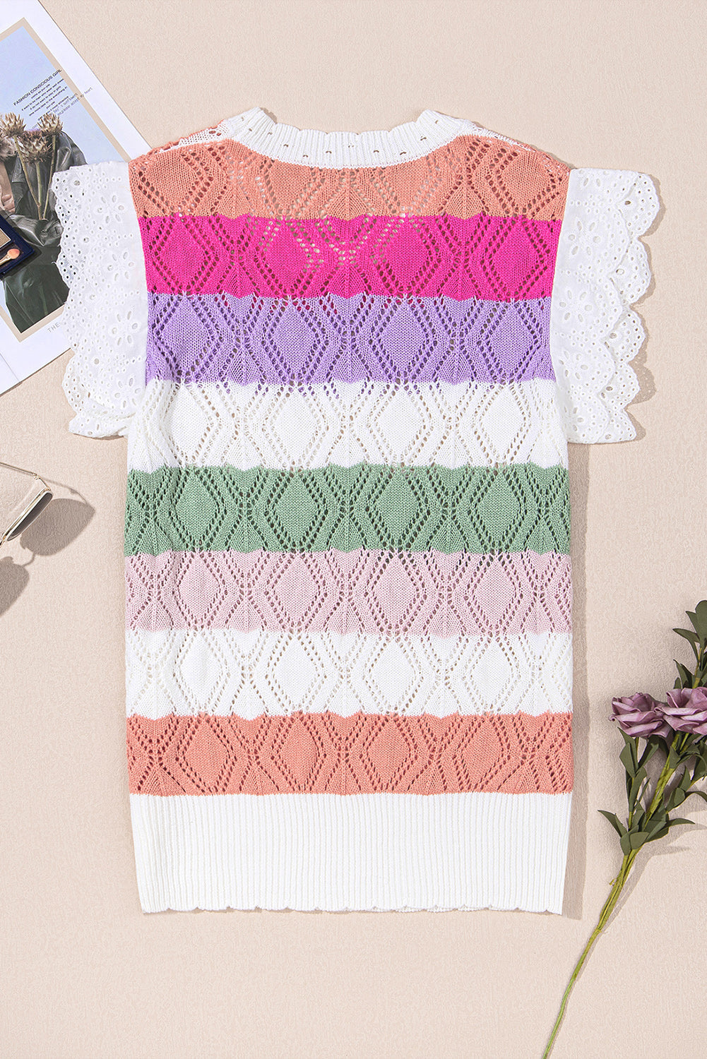 Rose Colorblock Hollowed Scallop Edge Knit Top