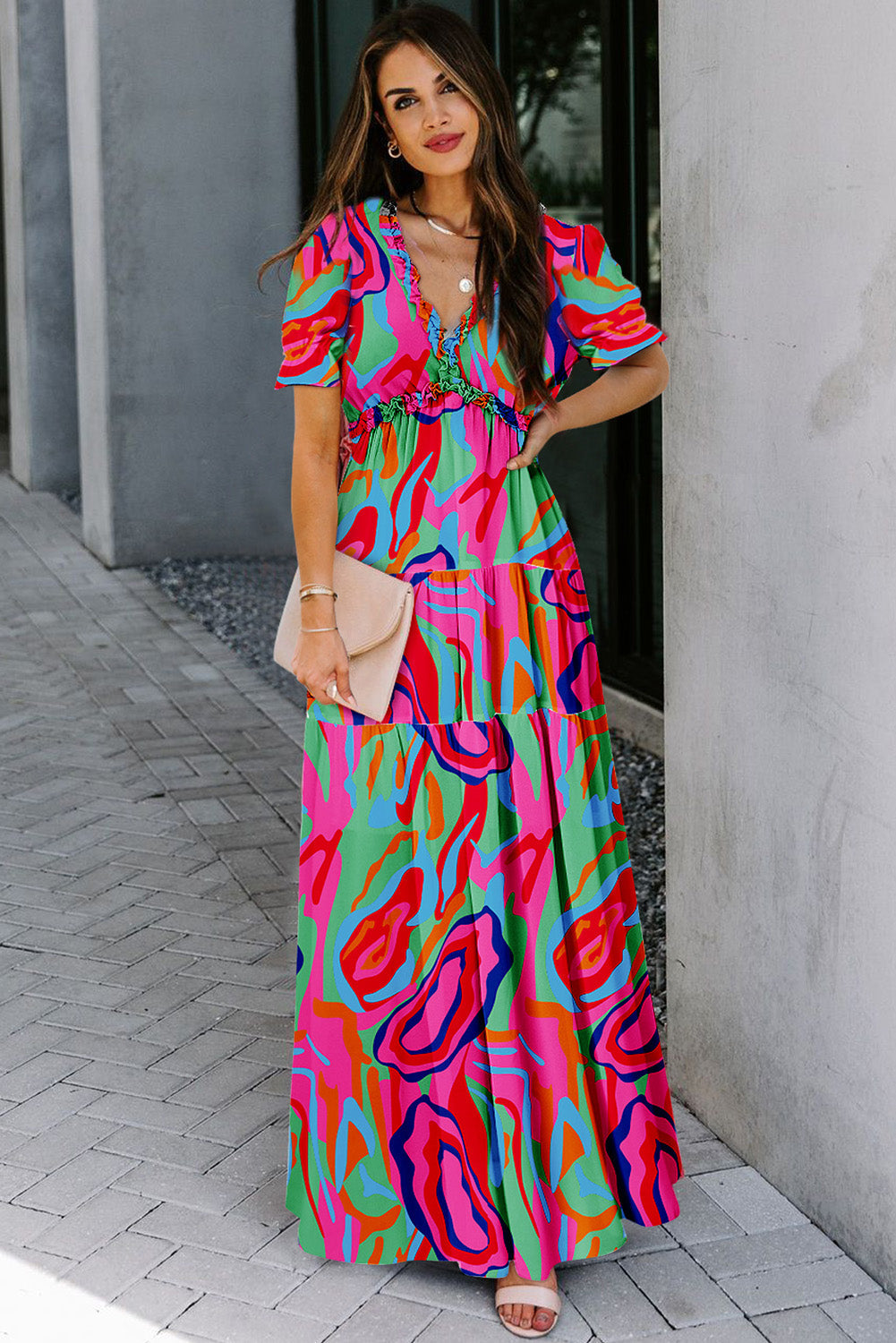 Black Fiery Floral Print Frilled V Neck Short Sleeve Maxi Dress