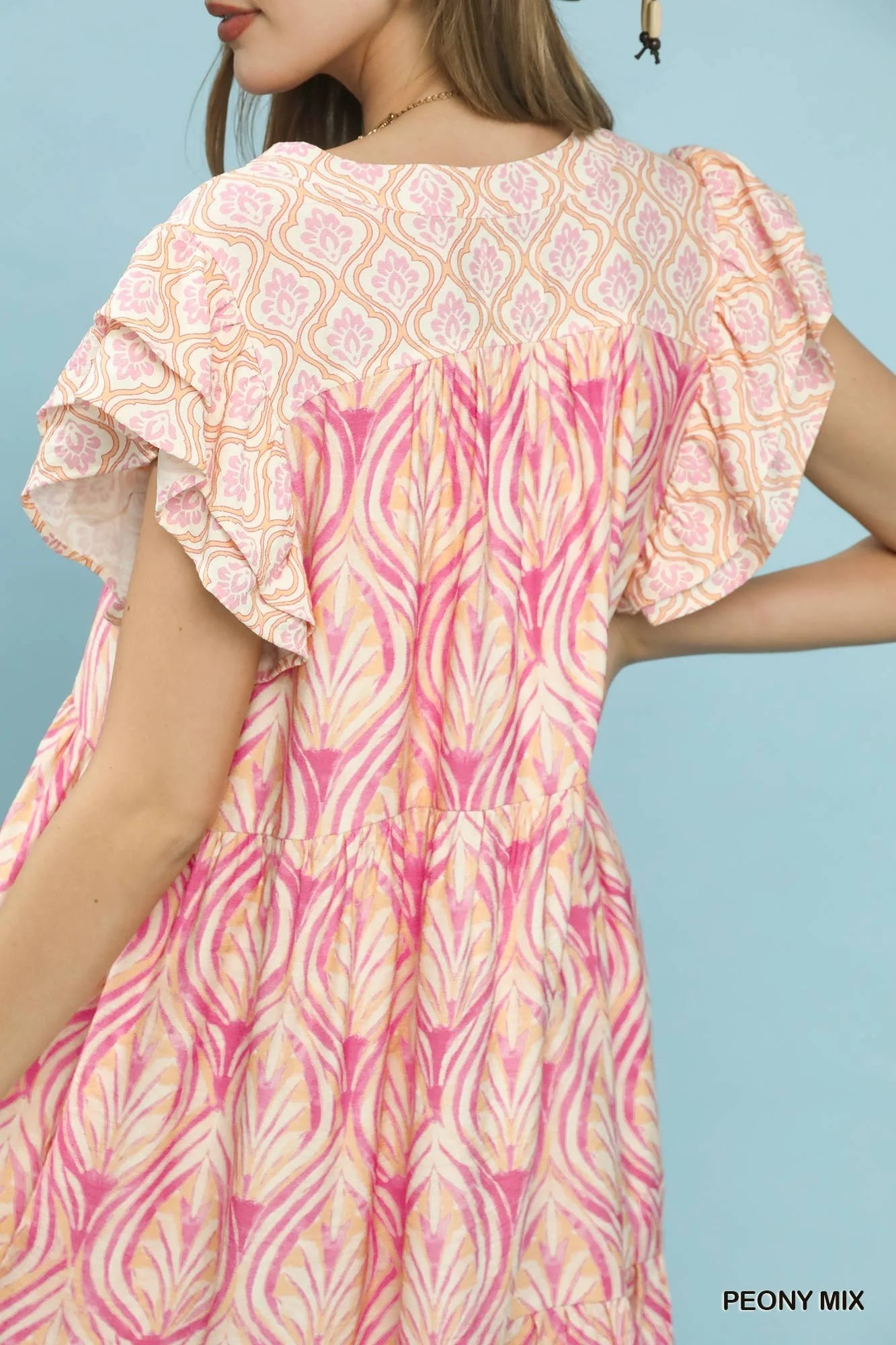 Mix Printed Flutter Sleeve Dress
