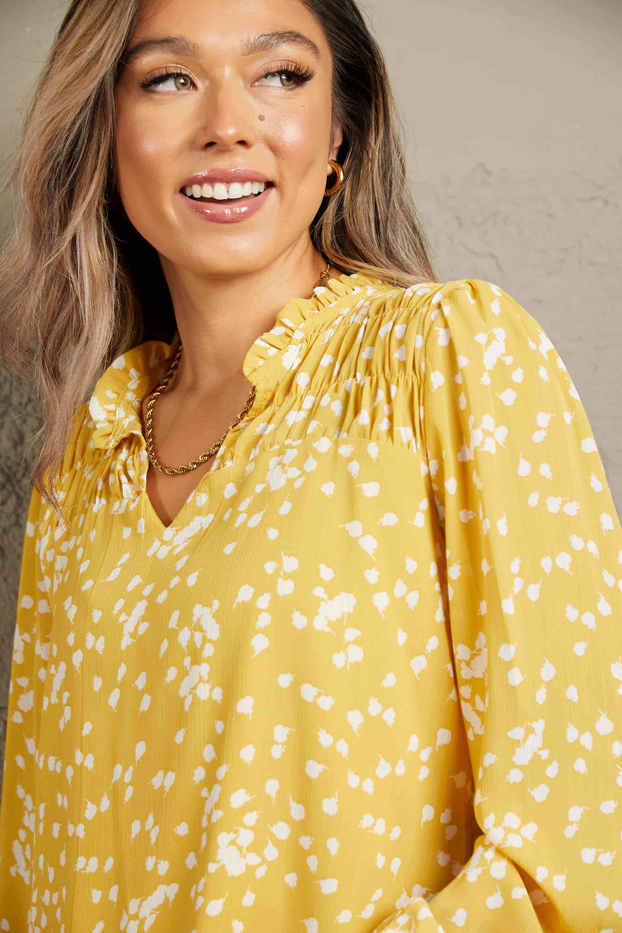 Printed Notched Neck Smocked Blouse