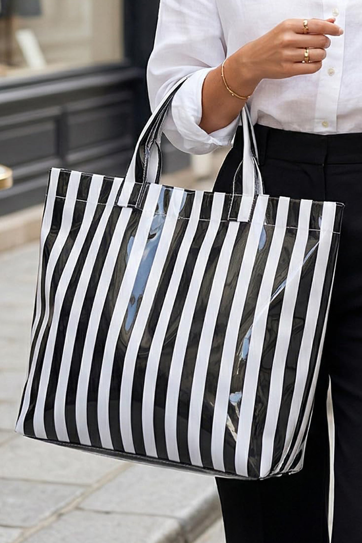 Rainbow Glossy Striped Vinyl Large Tote Bag