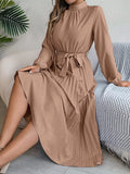 Mock Neck Pleated Midi Dress
